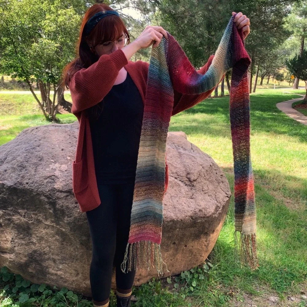 Handmade Crochet Unisex Extra Long Oversized Colorful Scarf with Fringe - Picture 1 of 10